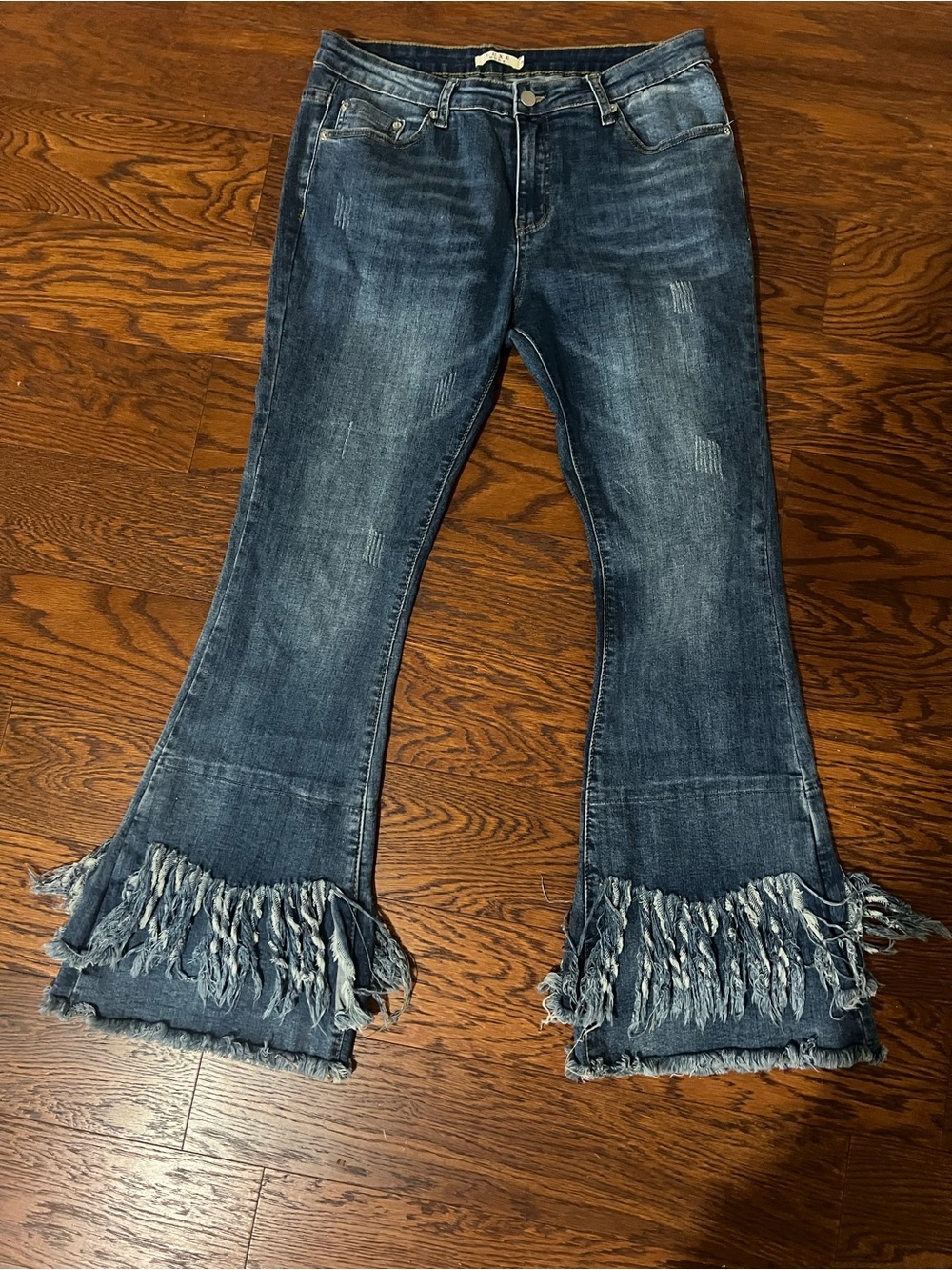 Moda Luxe Fringed Hem Dark Blue Flare Jeans
